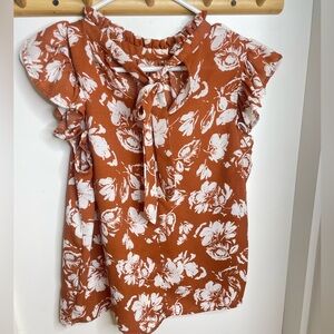 Voy Rust and White Patterned Top Tie Neck Ruffle  Women’s Small